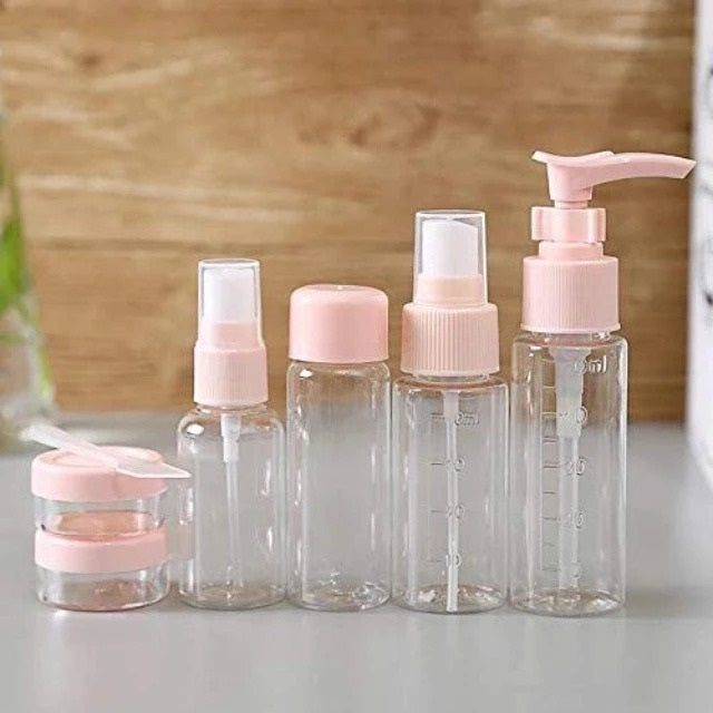 Botol Travel Kit 7 in 1 Mini Refill Bottle Spray Pump Jar Pouch Organizer Wadah Isi Ulang Kosmetik Sabun Shampoo Cair Parfum Lotion Paket Lengkap