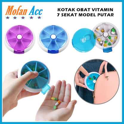 Kotak Obat Bulat 7 Sekat Bisa Putar Otomatis / Medicine Box Portable 7 Days / Wadah Tempat Penyimpan Pil Obat Kapsul Tablet Vitamin Harian Mingguan 7 Grid Travel Organizer