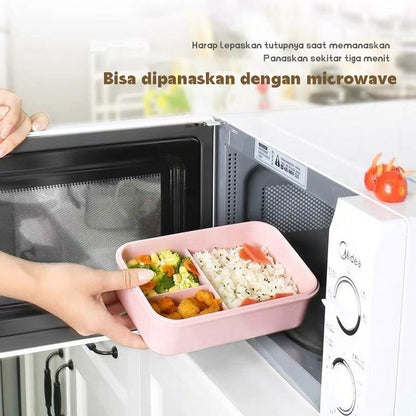 Kotak Makan 3 Sekat Free Garpu Sendok / Lunch Box Set Bahan Jerami Gandum Wheat Straw Food Grade Penutup Klip Rapat Kedap Udara Anti tumpah Bisa Microwave Safe / Bento Bekal Tempat Wadah Penyimpanan Makanan Anak Sekolah Kantor Souvenir 3Sekat