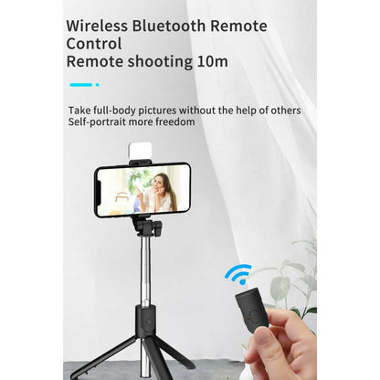 Tripod Tongsis LED R1S 3IN1 Wireless Bluetooth Remote Shutter + Flashlight Monopod Tongkat Narsis Mini Selfie Stick 360° Penyangga Kamera Handphone Untuk Travelling Dengan Tomsis Viral Praktis