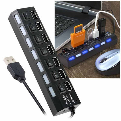 USB Hub 2.0 7 Port Saklar ON-OFF Adaptor Charger Hi Speed USBHUB Lubang Kabel Flashdisk Data Reader