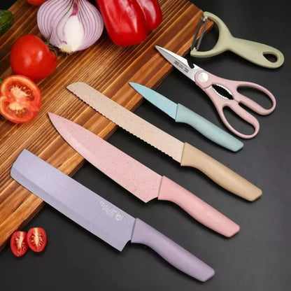 Pisau Dapur Keramik Set 6in1 EVCRIVERH Stainless Steel Anti Lengket Warna Pastel Anti Slip / Kitchen Knife Macaron Gunting Peeler Pisau Daging Koki Buah Sayur Roti Pengiris Warna Warni Hadiah Pindah Rumah Tukar Kado Malam Tahun Baru Natal