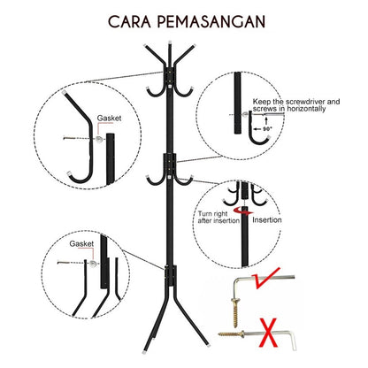 Stand Hanger Coat Rack / Gantungan Baju Jaket Topi 9 Kait / Standing Hanger Gantungan Berdiri Untuk Tas Dasi Payung Mantel Minimalis Aesthetic Serbaguna Stainless Steel Anti Karat Kokoh Baut