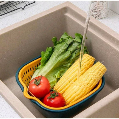 Keranjang Saringan Wadah Cuci Buah Sayur 2 Layer / Baskom Set Tempat Tirisan Sayuran Double Layers / Portable Hanging Drain Basket Serbaguna Handle Pegangan Kanan Kiri Plastik