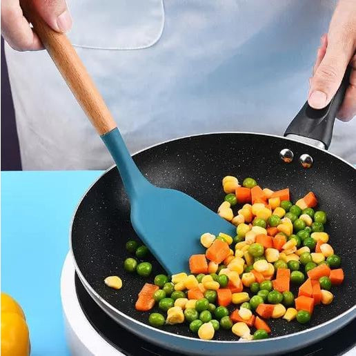 Spatula Silikon Gagang Kayu 32Cm / Sutil Masak Untuk Goreng Tumis Tahan Panas Anti Baret / Silicone Spatula With Wooden Handle / Sodet Kayu Teflon Peralatan Memasak Anti Lengket Recommended Rekomen Alat masak Peralatan Perlengkapan Dapur Warna Pastel