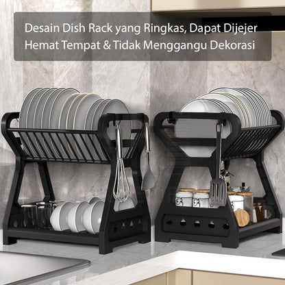 Rak Piring Plastik 2 Susun / Wadah Tempat Pengering Cuci Susun Piring Mangkok Gelas / Rak Penyimpanan Organizer Dapur Minimalis / Dish Drying Rack 2 Layer Tirisan Cucian Air Gantungan Serbaguna