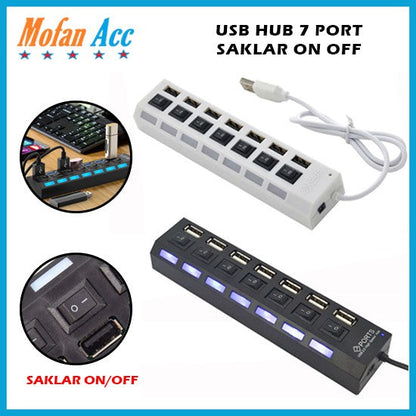 USB Hub 2.0 7 Port Saklar ON-OFF Adaptor Charger Hi Speed USBHUB Lubang Kabel Flashdisk Data Reader