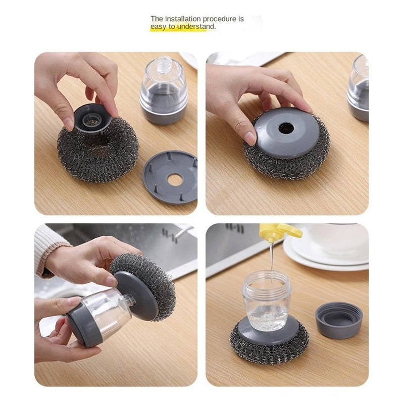 Sikat Sabut Kawat Dengan Dispenser Tabung Sabun Cuci Piring / Spons Serabut Alumunium Spon Sponge Alat Penggosok Pembersih Panci Wajan Kuali Piring Mangkok Serbaguna Anti Kerak / Ball Scrubbing Brush With Soap Dispenser