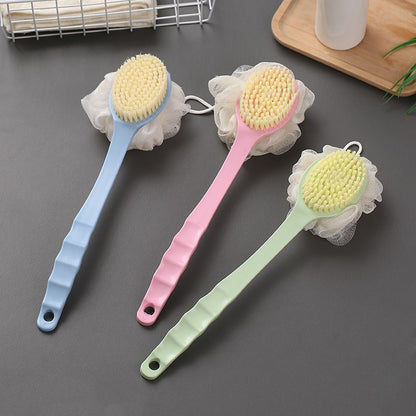 Sikat Punggung + Shower Puff 2in1 / Alat Bantu Pembersih Penggosok Badan 2 Sisi / Body Brush + Spons Double Side Long Handle / Tongkat Mandi Gagang Panjang Serbaguna Sponge Spon Busa Sabun