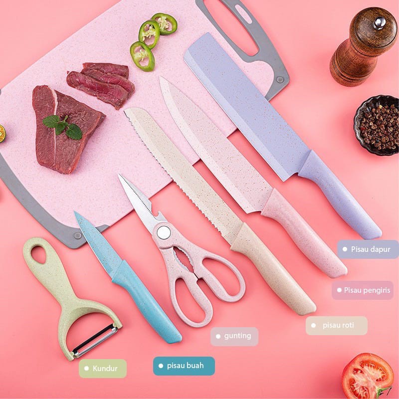 Pisau Dapur Keramik Set 6in1 EVCRIVERH Stainless Steel Anti Lengket Warna Pastel Anti Slip / Kitchen Knife Macaron Gunting Peeler Pisau Daging Koki Buah Sayur Roti Pengiris Warna Warni Hadiah Pindah Rumah Tukar Kado Malam Tahun Baru Natal