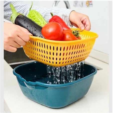 Keranjang Saringan Wadah Cuci Buah Sayur 2 Layer / Baskom Set Tempat Tirisan Sayuran Double Layers / Portable Hanging Drain Basket Serbaguna Handle Pegangan Kanan Kiri Plastik