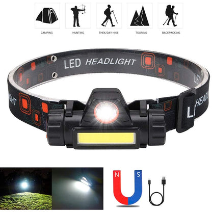 Senter Kepala LED 2 Mode COB 2in1 / Head Lamp 90Â° Adjustable Rechargeable 2 Mode With Magnet / Lampu Kepala Waterproof Super Terang Untuk Camping Hiking Memancing / Penerang Lampu Emergency Headlamp