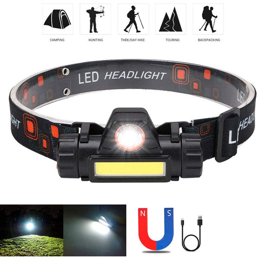 Senter Kepala LED 2 Mode COB 2in1 / Head Lamp 90Â° Adjustable Rechargeable 2 Mode With Magnet / Lampu Kepala Waterproof Super Terang Untuk Camping Hiking Memancing / Penerang Lampu Emergency Headlamp