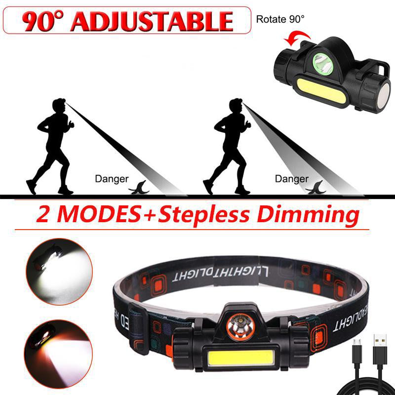 Senter Kepala LED 2 Mode COB 2in1 / Head Lamp 90Â° Adjustable Rechargeable 2 Mode With Magnet / Lampu Kepala Waterproof Super Terang Untuk Camping Hiking Memancing / Penerang Lampu Emergency Headlamp