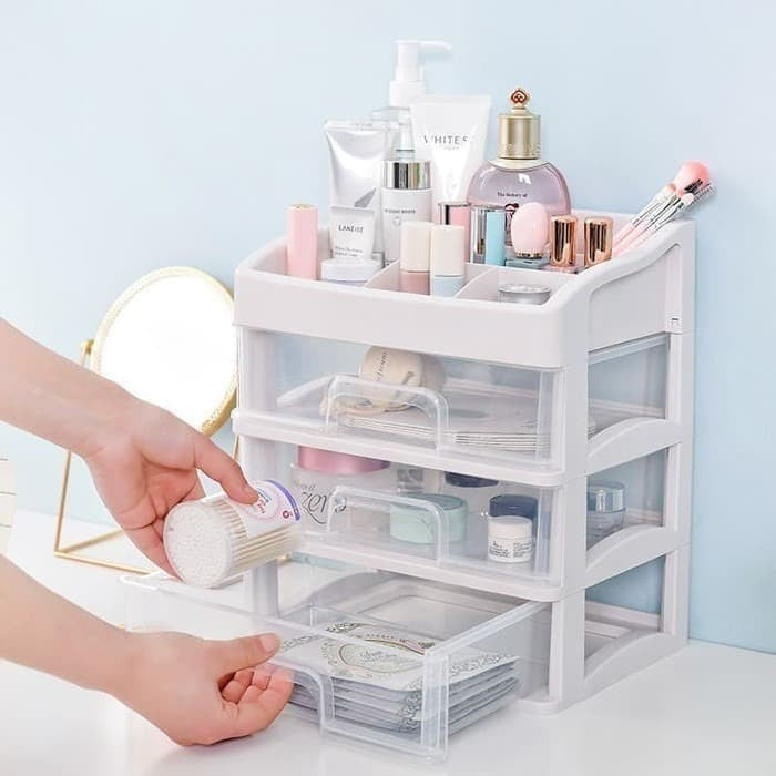 Rak Kosmetik Laci 3 Susun Multifungsi / Kotak Tempat Penyimpanan Peralatan Make Up Aksesoris Perhiasan / Storage Box Drawer Alat Makeup Brush Skincare / Rak Organizer Peralatan Alat Tulis Kantor 3 Layer Transparan Serbaguna Lemari Mini Laci Meja