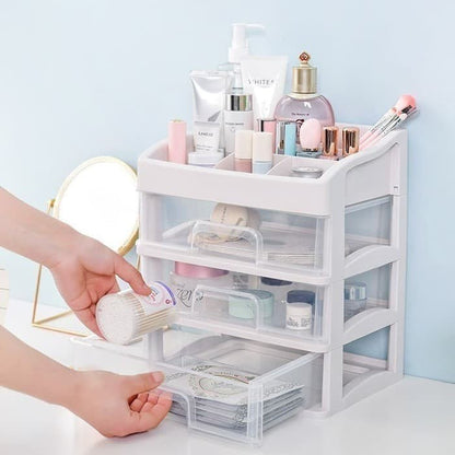 Rak Kosmetik Laci 3 Susun Multifungsi / Kotak Tempat Penyimpanan Peralatan Make Up Aksesoris Perhiasan / Storage Box Drawer Alat Makeup Brush Skincare / Rak Organizer Peralatan Alat Tulis Kantor 3 Layer Transparan Serbaguna Lemari Mini Laci Meja