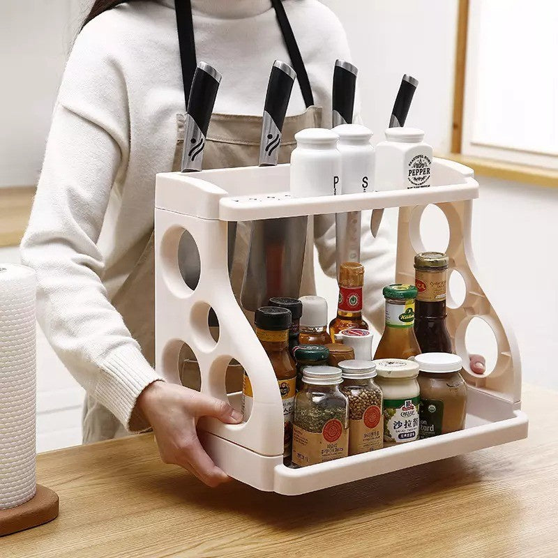 Rak Bumbu Dapur Dan Tempat Pisau 2 Susun / Rak Penyimpanan Organizer Dapur Minimalis 2 Tingkat / Double Layer Space Kitchen Storage Rack / Wadah Tempat Slot Peralatan Alat Kamar Mandi Serbaguna