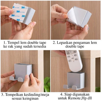 Rak Holder Tempel Dinding 2IN1 / Kotak Penyimpanan Tempat Charger Hp Remote TV AC Rak Gantung Docking Cas Handphone Serbaguna Multifungsi