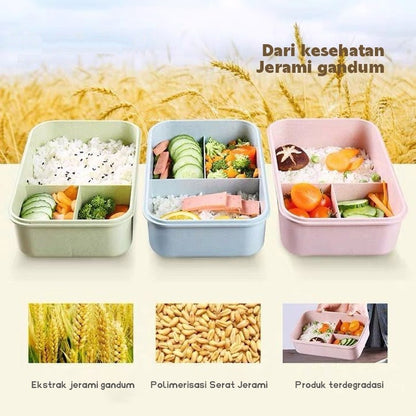 Kotak Makan 3 Sekat Free Garpu Sendok / Lunch Box Set Bahan Jerami Gandum Wheat Straw Food Grade Penutup Klip Rapat Kedap Udara Anti tumpah Bisa Microwave Safe / Bento Bekal Tempat Wadah Penyimpanan Makanan Anak Sekolah Kantor Souvenir 3Sekat