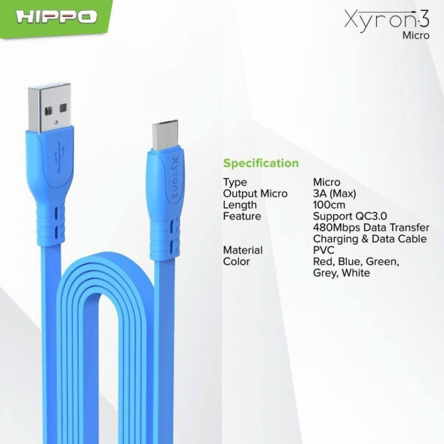 Kabel Micro USB HIPPO XYRON 3 100cm 3A Cable DATA Transfer Quick Charging 3.0 1 meter Android casan