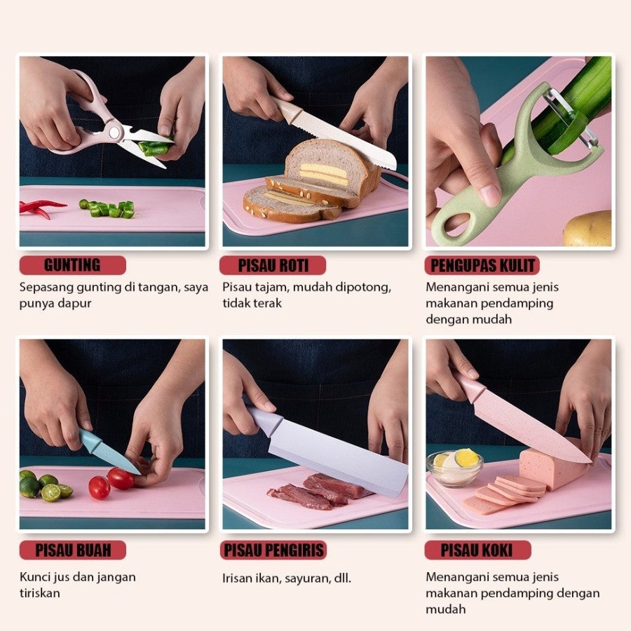 Pisau Dapur Keramik Set 6in1 EVCRIVERH Stainless Steel Anti Lengket Warna Pastel Anti Slip / Kitchen Knife Macaron Gunting Peeler Pisau Daging Koki Buah Sayur Roti Pengiris Warna Warni Hadiah Pindah Rumah Tukar Kado Malam Tahun Baru Natal