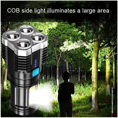 Senter Portable 4 LED + COB Light Super Terang / Senter Penerangan Jarak Jauh 4 Mode Mata Lampu / Rechargeable Flashlight With 4 Core Light / Lampu Pencahayaan Darurat Untuk Camping Hiking Piknik Memancing Penerang SOS