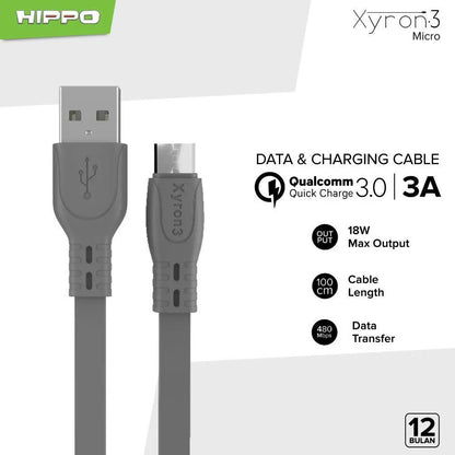 Kabel Micro USB HIPPO XYRON 3 100cm 3A Cable DATA Transfer Quick Charging 3.0 1 meter Android casan