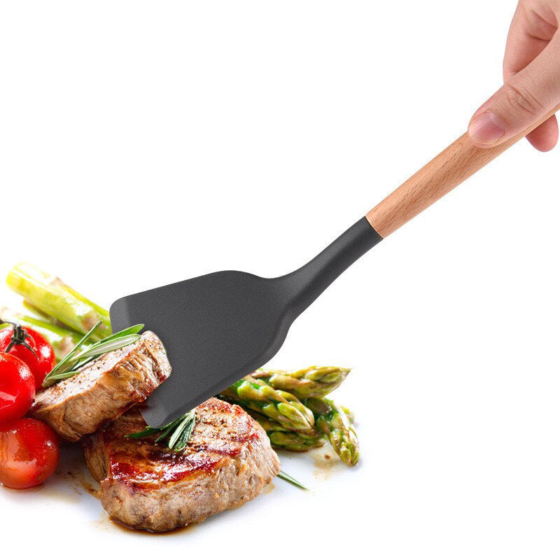 Spatula Silikon Gagang Kayu 32Cm / Sutil Masak Untuk Goreng Tumis Tahan Panas Anti Baret / Silicone Spatula With Wooden Handle / Sodet Kayu Teflon Peralatan Memasak Anti Lengket Recommended Rekomen Alat masak Peralatan Perlengkapan Dapur Warna Pastel