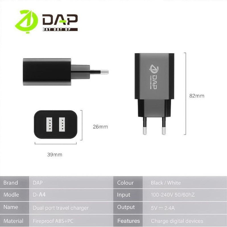 Adaptor Charger DAP D-A4 2.4A Dual 2 Port USB Output Adapter Kepala kabel Fast Charging batok charge