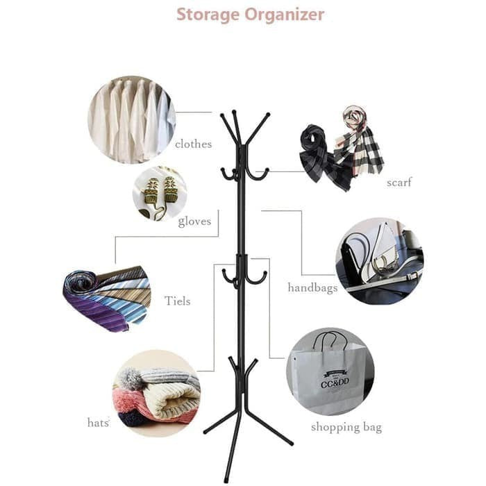 Stand Hanger Coat Rack / Gantungan Baju Jaket Topi 9 Kait / Standing Hanger Gantungan Berdiri Untuk Tas Dasi Payung Mantel Minimalis Aesthetic Serbaguna Stainless Steel Anti Karat Kokoh Baut