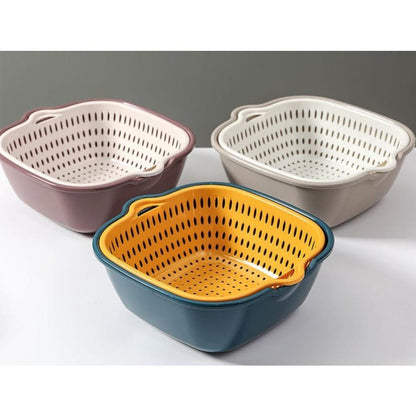 Keranjang Saringan Wadah Cuci Buah Sayur 2 Layer / Baskom Set Tempat Tirisan Sayuran Double Layers / Portable Hanging Drain Basket Serbaguna Handle Pegangan Kanan Kiri Plastik