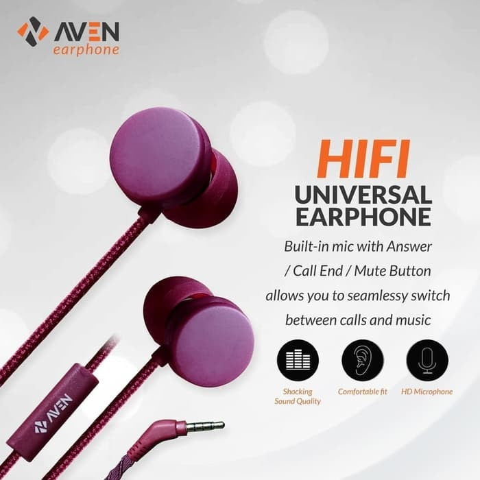 Earphone AVEN N18 Sport Sound Nylon Headset Cable Premium - Red Maroon