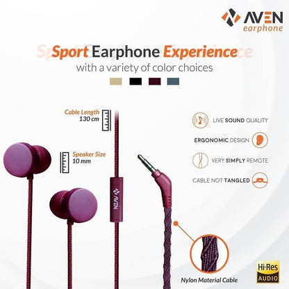 Earphone AVEN N18 Sport Sound Nylon Headset Cable Premium - Red Maroon