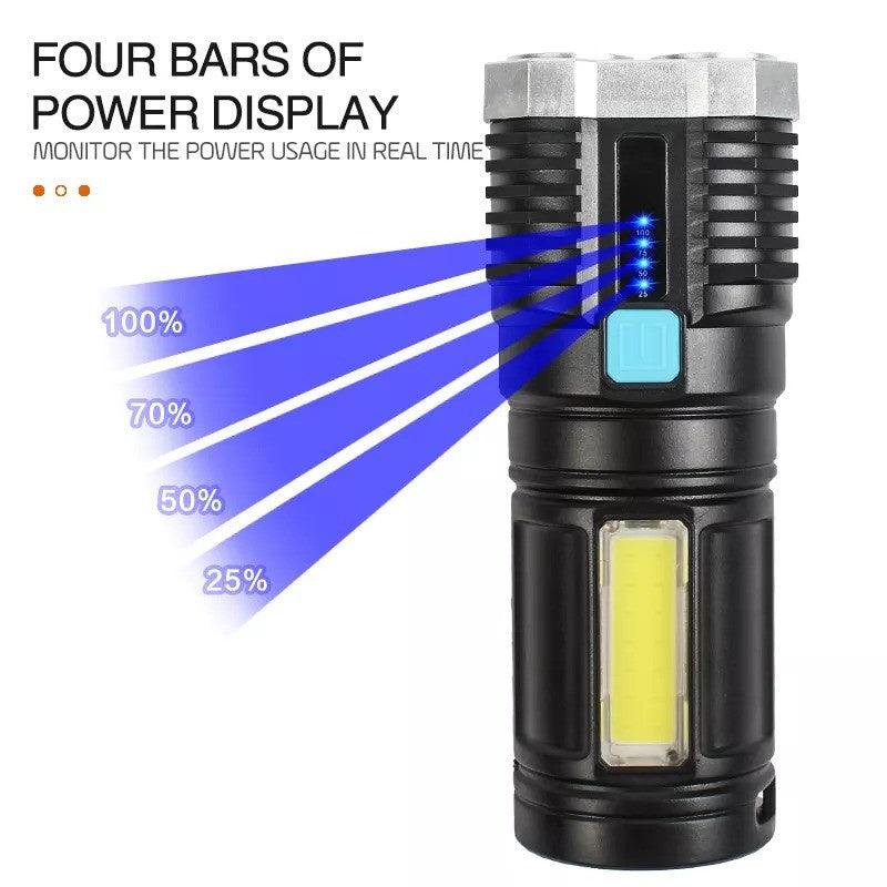 Senter Portable 4 LED + COB Light Super Terang / Senter Penerangan Jarak Jauh 4 Mode Mata Lampu / Rechargeable Flashlight With 4 Core Light / Lampu Pencahayaan Darurat Untuk Camping Hiking Piknik Memancing Penerang SOS