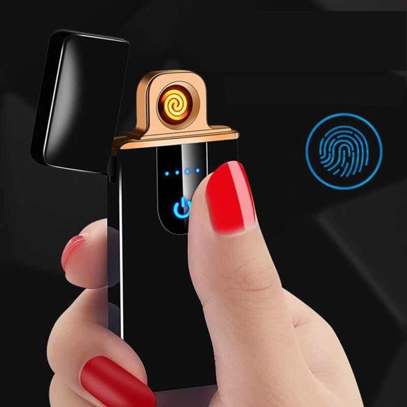 Korek Api Elektrik Fingerprint Touch Screen / Electric Lighter Slim Sensor LED Display / Pemantik Rokok Anti Angin Elegan Rechargeable USB Micro / Panas Coil Besi Cas Baterai Isi Ulang Sensor Jari Tangan