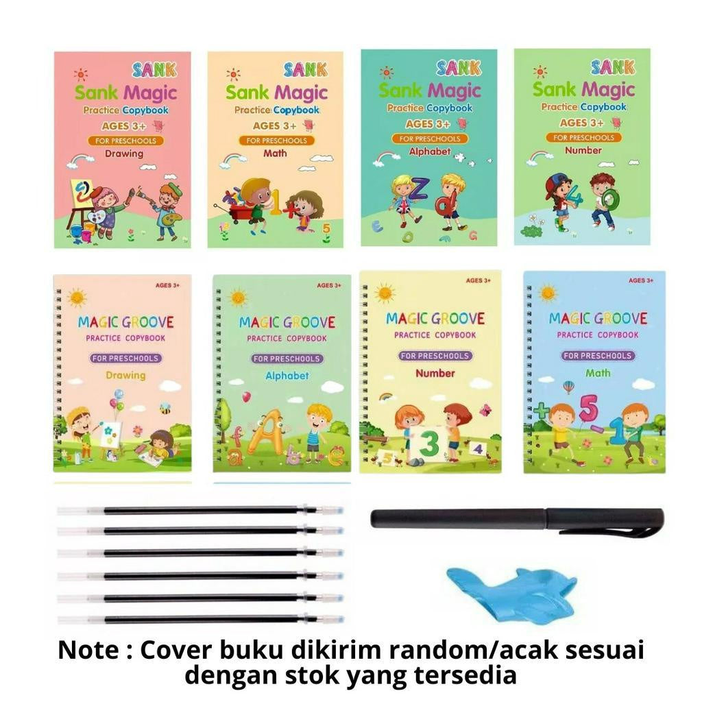 Buku Ajaib Belajar Menulis Anak / Latihan Menghitung Menggambar Tulis Huruf Dan Angka / Sank Magic Practice Writing Book / 1 Set Buku Isi 4 + Pulpen Buku Prasekolah Paud TK / Edukasi Hadiah Kado Ulang Tahun Anak Reuseable Alphabet Math Drawing Number