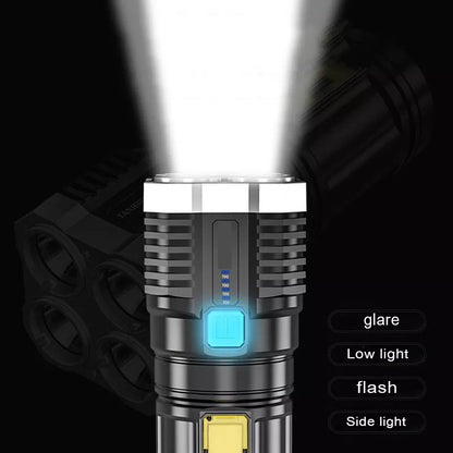 Senter Portable 4 LED + COB Light Super Terang / Senter Penerangan Jarak Jauh 4 Mode Mata Lampu / Rechargeable Flashlight With 4 Core Light / Lampu Pencahayaan Darurat Untuk Camping Hiking Piknik Memancing Penerang SOS