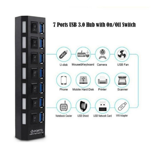 USB Hub 2.0 7 Port Saklar ON-OFF Adaptor Charger Hi Speed USBHUB Lubang Kabel Flashdisk Data Reader