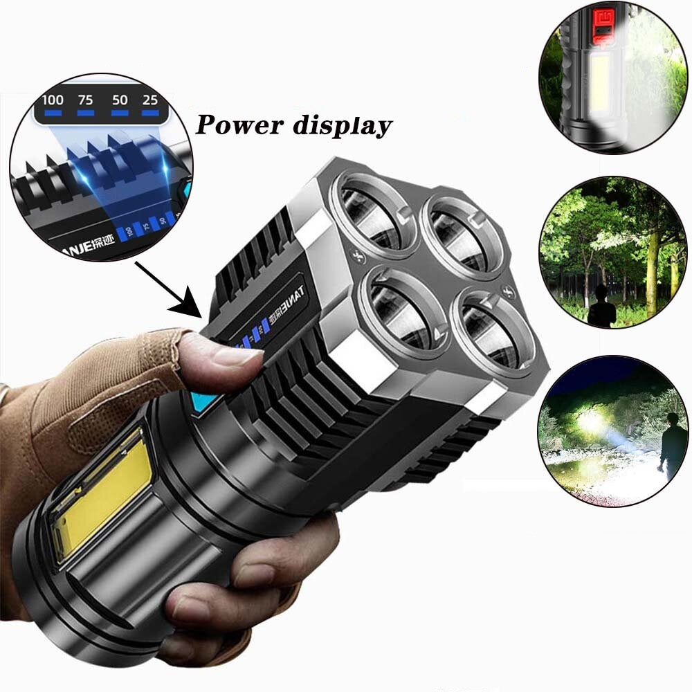 Senter Portable 4 LED + COB Light Super Terang / Senter Penerangan Jarak Jauh 4 Mode Mata Lampu / Rechargeable Flashlight With 4 Core Light / Lampu Pencahayaan Darurat Untuk Camping Hiking Piknik Memancing Penerang SOS