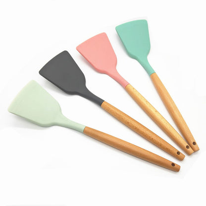 Spatula Silikon Gagang Kayu 32Cm / Sutil Masak Untuk Goreng Tumis Tahan Panas Anti Baret / Silicone Spatula With Wooden Handle / Sodet Kayu Teflon Peralatan Memasak Anti Lengket Recommended Rekomen Alat masak Peralatan Perlengkapan Dapur Warna Pastel