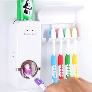 Dispenser Odol Tempat Sikat Gigi TOUCH ME Rak ToothPaste & Brush Set WHITE Otomatis Pasta Holder