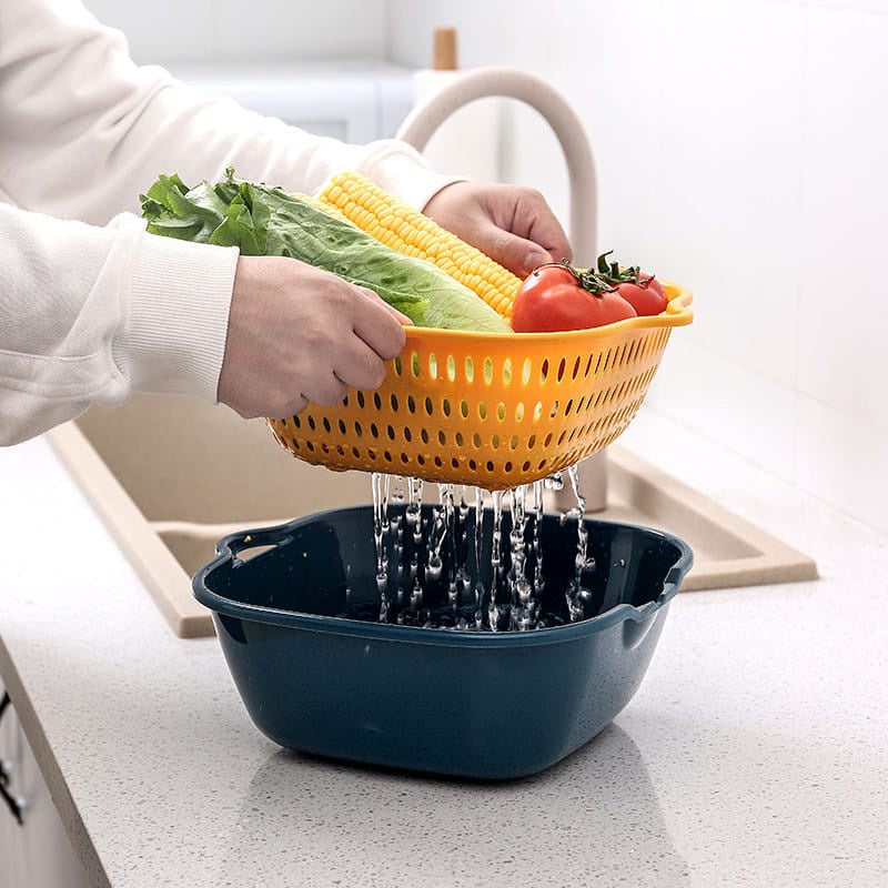 Keranjang Saringan Wadah Cuci Buah Sayur 2 Layer / Baskom Set Tempat Tirisan Sayuran Double Layers / Portable Hanging Drain Basket Serbaguna Handle Pegangan Kanan Kiri Plastik