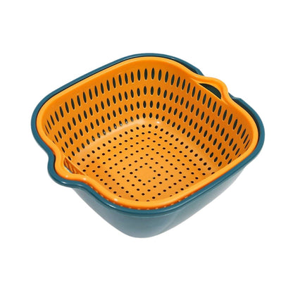 Keranjang Saringan Wadah Cuci Buah Sayur 2 Layer / Baskom Set Tempat Tirisan Sayuran Double Layers / Portable Hanging Drain Basket Serbaguna Handle Pegangan Kanan Kiri Plastik
