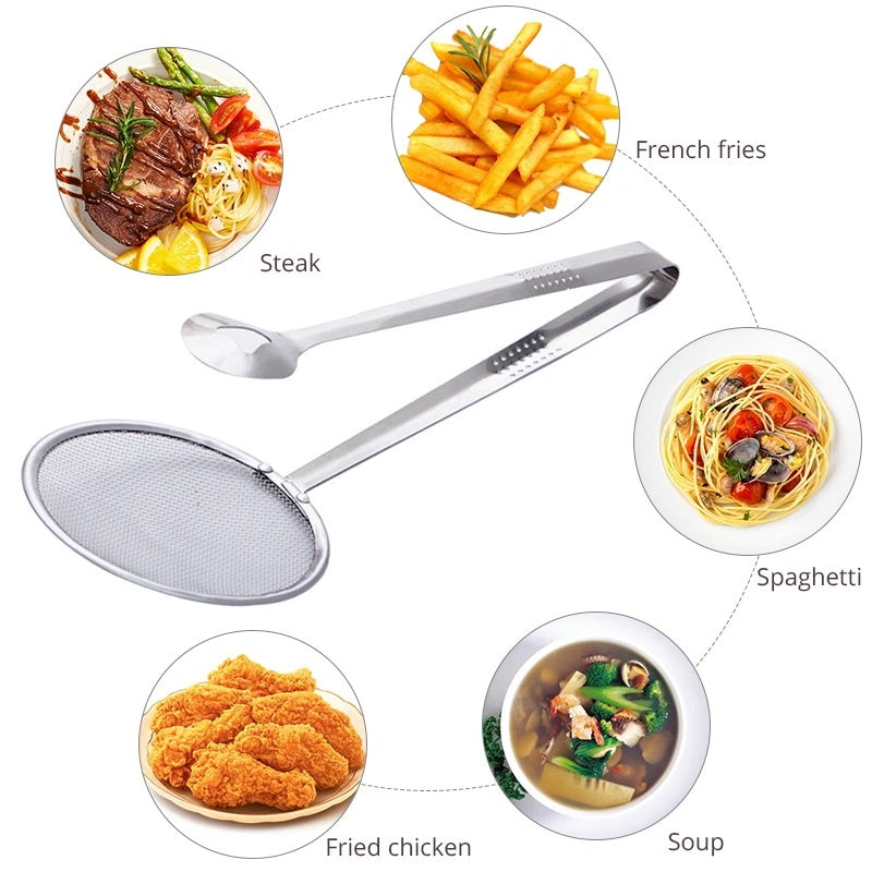 Capitan Saringan 2in1 / Jepitan + Tirisan Gorengan Minyak Air Sayuran Mie Stainless Steel / Food Tongs With Oil-Frying Filter Pencapit Peniris Clip Penjepit Makanan Serbaguna Alat Dapur Peralatan Masak Multifungsi