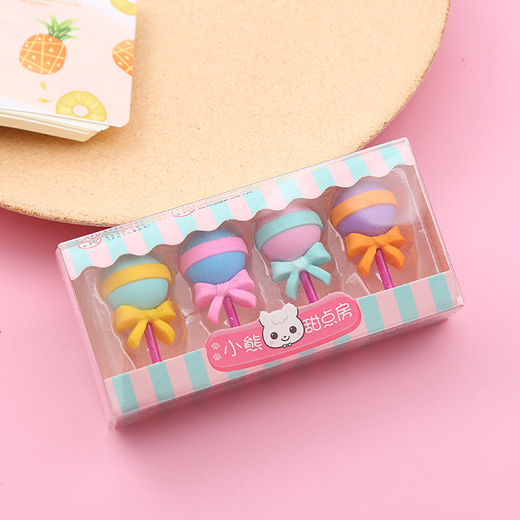 Penghapus Set Karakter 4pcs / Pengahapus Karet Eraser Bentuk Lolipop Cone Ice Cream Donut Anak Sekolah TK SD SMP SMA Unik Lucu Hadiah Ulang Tahun Warna Warni Macaron Pastel