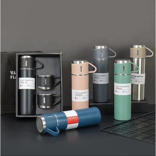 (1Set) Termos Vacuum Flask 500ml FREE Cangkir 2pcs / Thermos Vacum Eksklusif Stainless Steel 3in1 Tumbler Anti Korosi