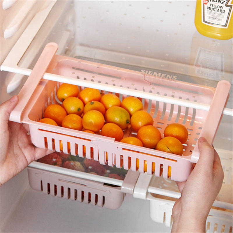 Rak Kulkas Tambahan Multifungsi / Keranjang Jepit Penyimpanan Buah Sayuran Daging / Storage Box Organizer / Laci Geser Perapih Wadah Tempat Bumbu Dapur Masak Makanan Sliding Rack Serbaguna