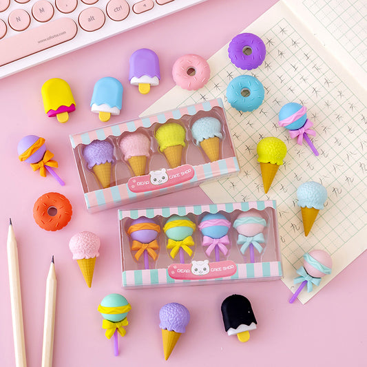 Penghapus Set Karakter 4pcs / Pengahapus Karet Eraser Bentuk Lolipop Cone Ice Cream Donut Anak Sekolah TK SD SMP SMA Unik Lucu Hadiah Ulang Tahun Warna Warni Macaron Pastel