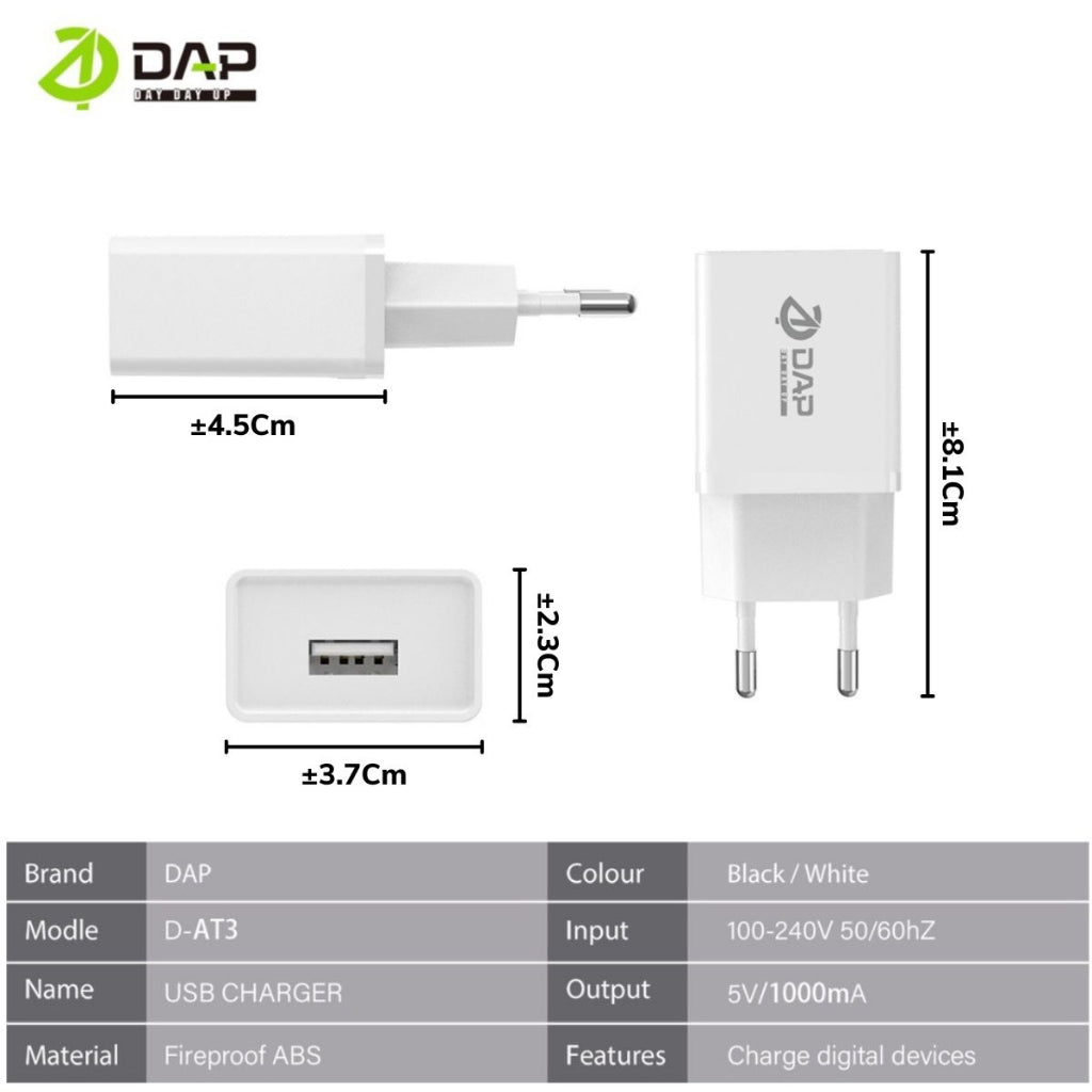 Adapter Charger DAP D-AT6 D-AT3 1A Single USB Adaptor Original Fast Charging Batok Kepala Casan Travel Hp