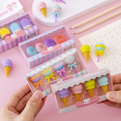 Penghapus Set Karakter 4pcs / Pengahapus Karet Eraser Bentuk Lolipop Cone Ice Cream Donut Anak Sekolah TK SD SMP SMA Unik Lucu Hadiah Ulang Tahun Warna Warni Macaron Pastel